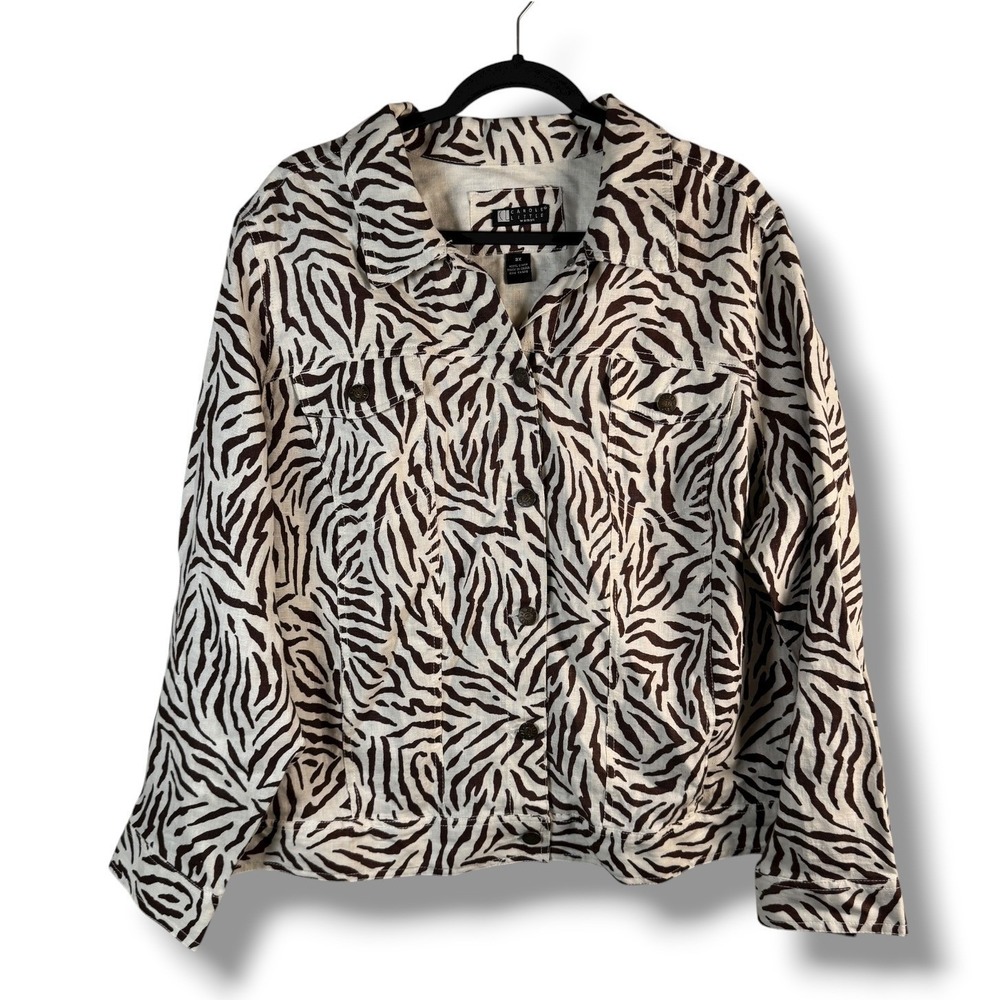 Carole Little Woman 3X Brown Zebra Print‎ 100% Linen Button Down Jacket